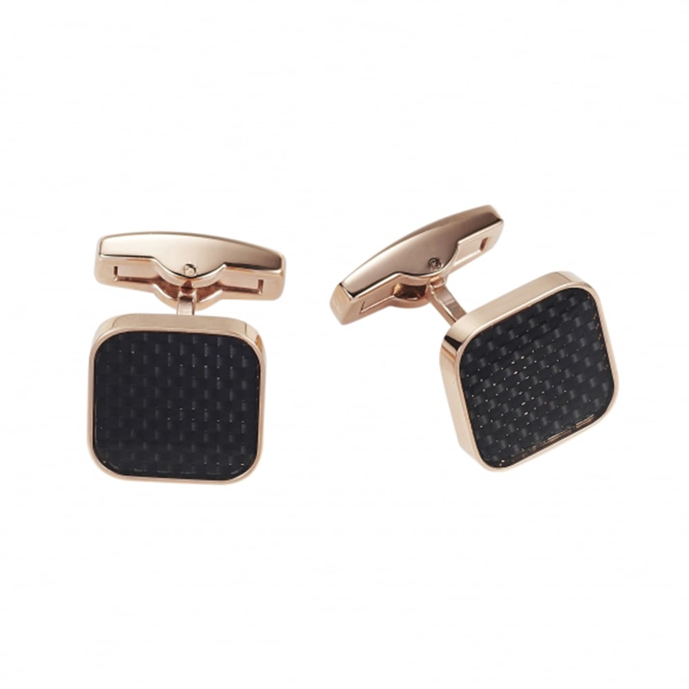 Polished Rose Gold & Black Carbon Fibre Cufflinks — view 1