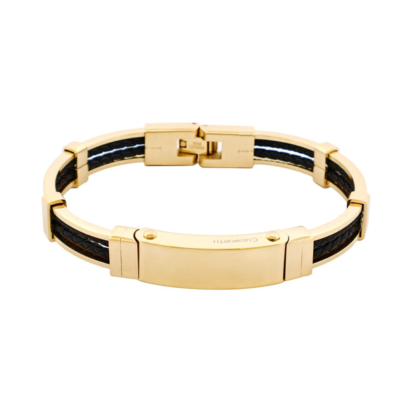 Gold Stainless Black Leather Bracelet