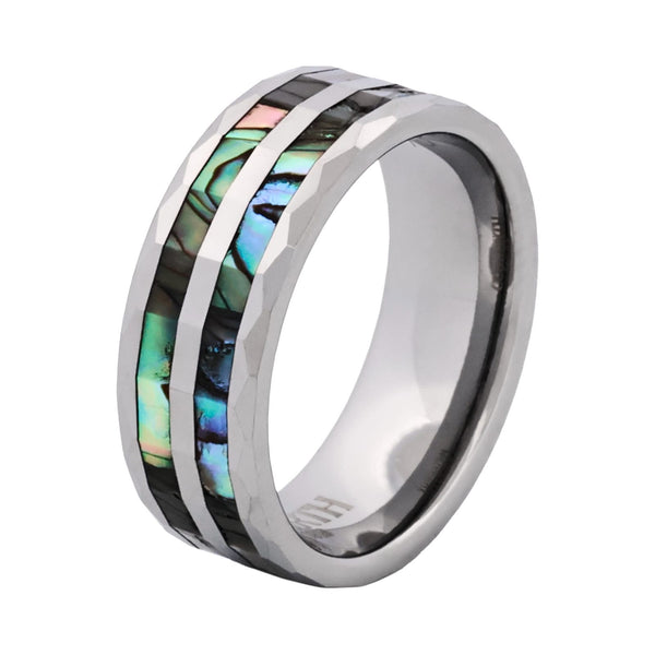 Mosaic Tide Polished Rhodium Tungsten Ring