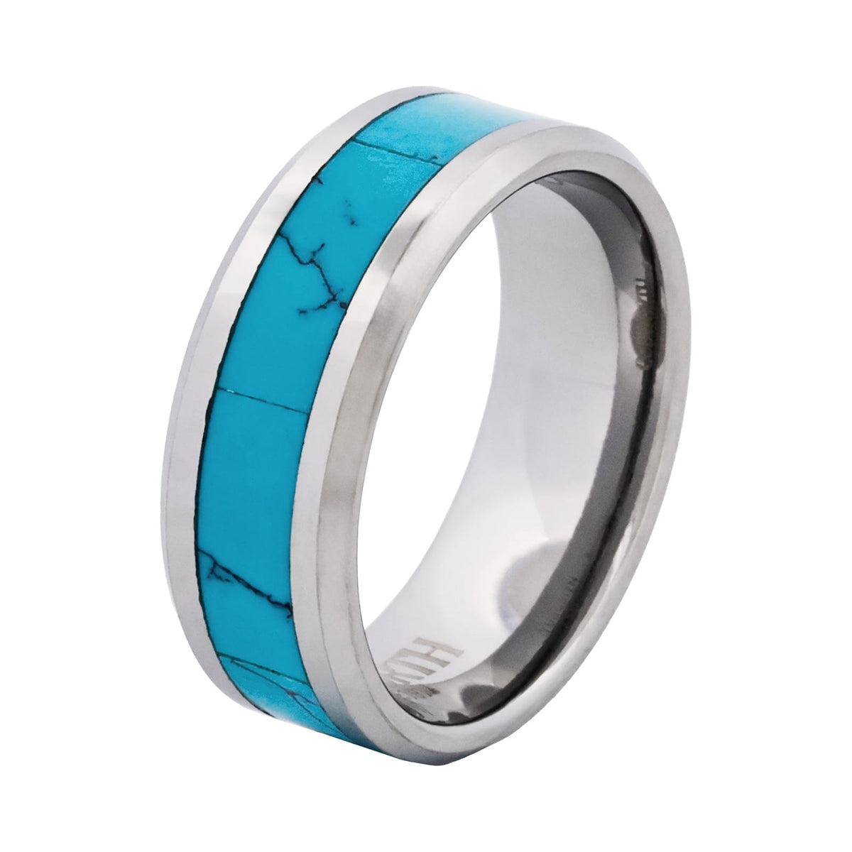Turquoise Ridge Polished Rhodium Tungsten Ring — view 1