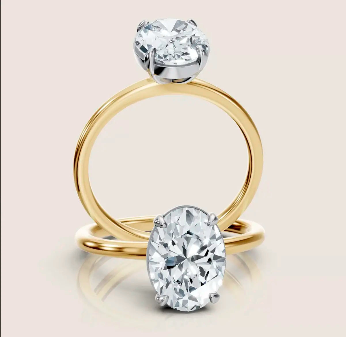 Oval cut diamond solitaire ring - Alcina. Yellow gold band and white gold setting