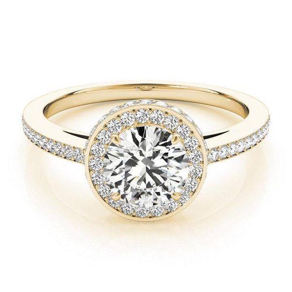 Amelia double halo engagement ring in yellow gold, front view showing the round centre diamond above two levels of halo