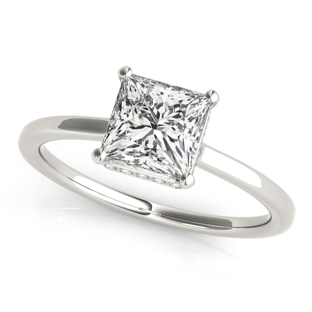 2.0 carat princess cut lab grown diamond with a unique hidden halo of diamonds.  White gold or platinum