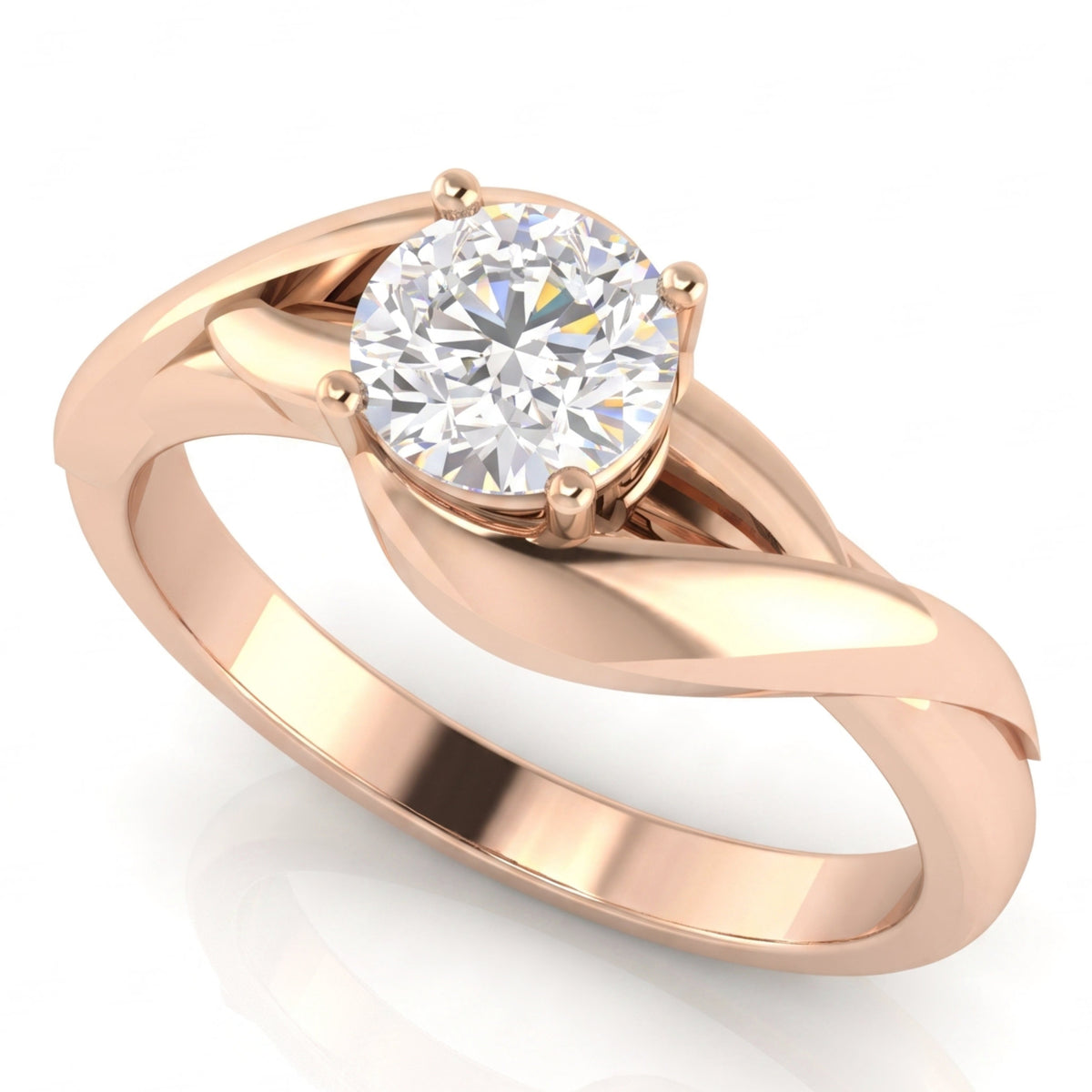 Arlana rose gold Celtic knot diamond solitaire ring, side angle showing the polished interlace sweeping up into the centre setting.