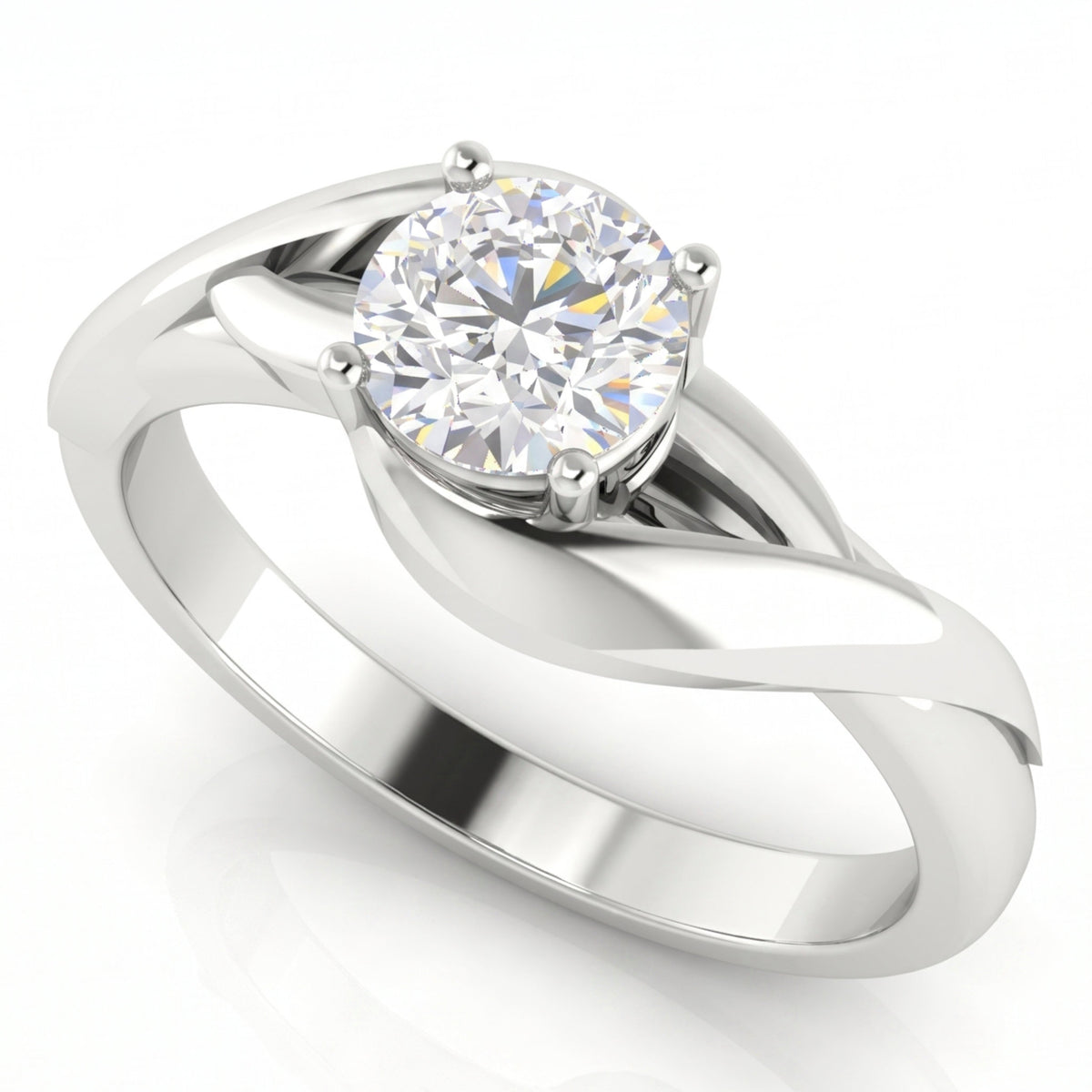 Arlana Celtic knot diamond solitaire ring in white gold or platinum, side angle showing the polished interlace sweeping up into the centre setting.