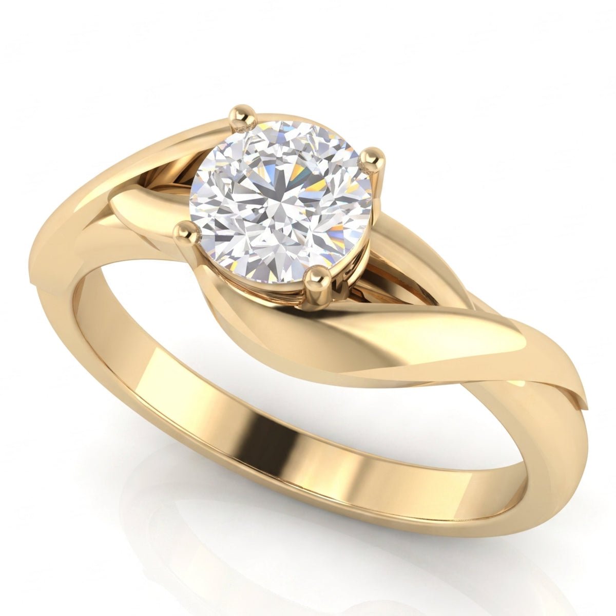 Arlana yellow gold Celtic knot diamond solitaire ring, side angle showing the polished interlace sweeping up into the centre setting.