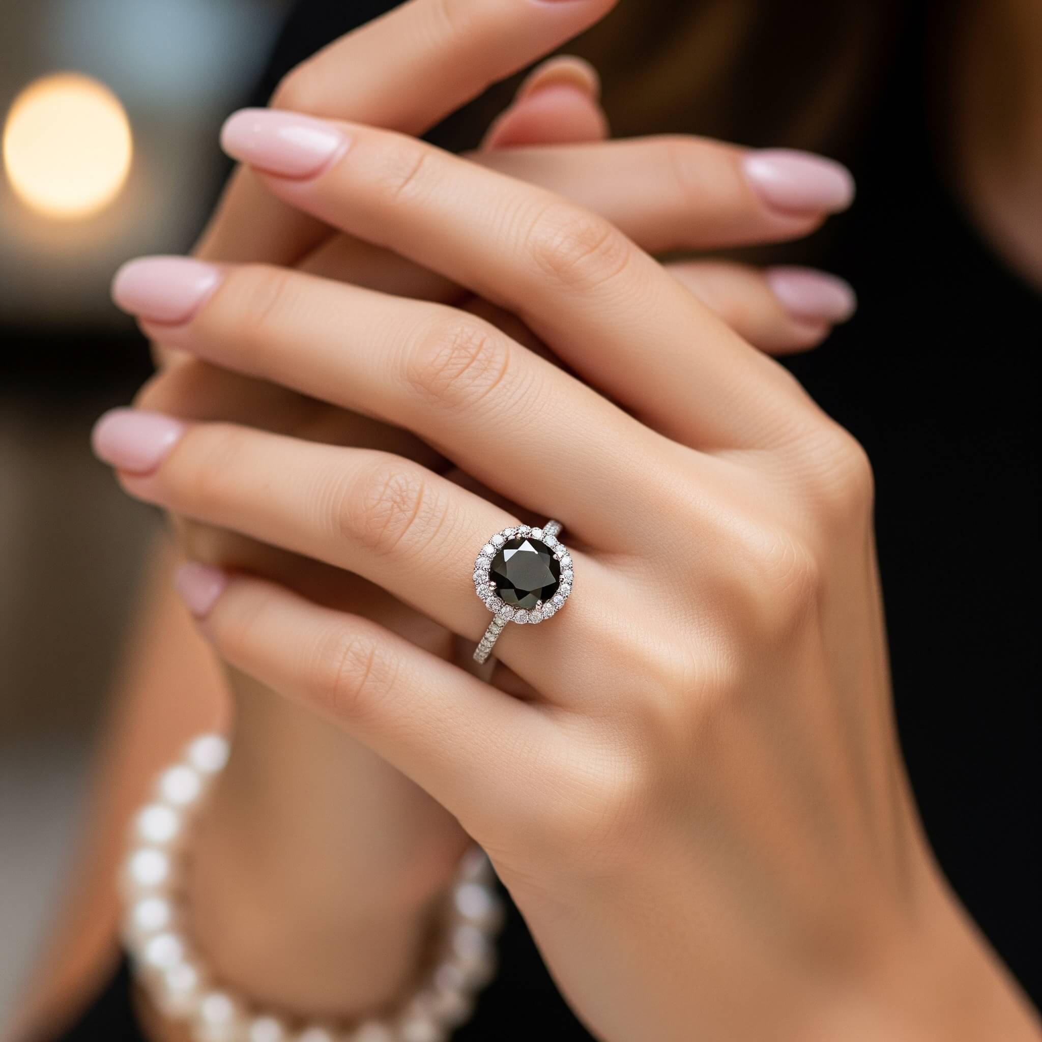 A stunning AAA grade round black diamond ring with a halo of white diamonds and diamonds on the band.
