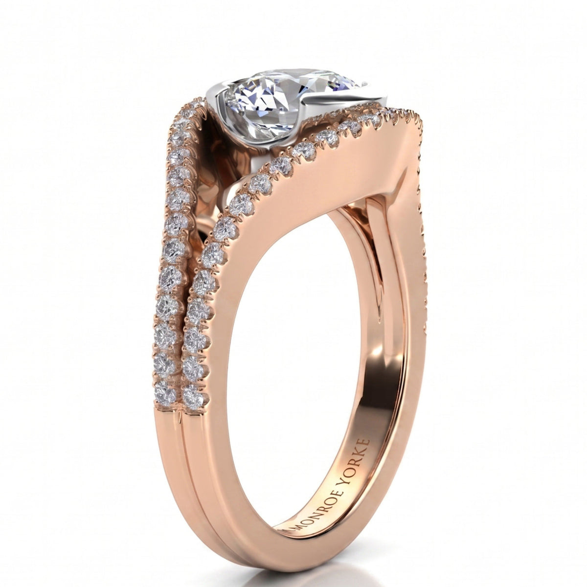Capri rose gold engagement ring, close view of the micro claw set diamonds running along both bands, Monroe Yorke engraved inside the band.