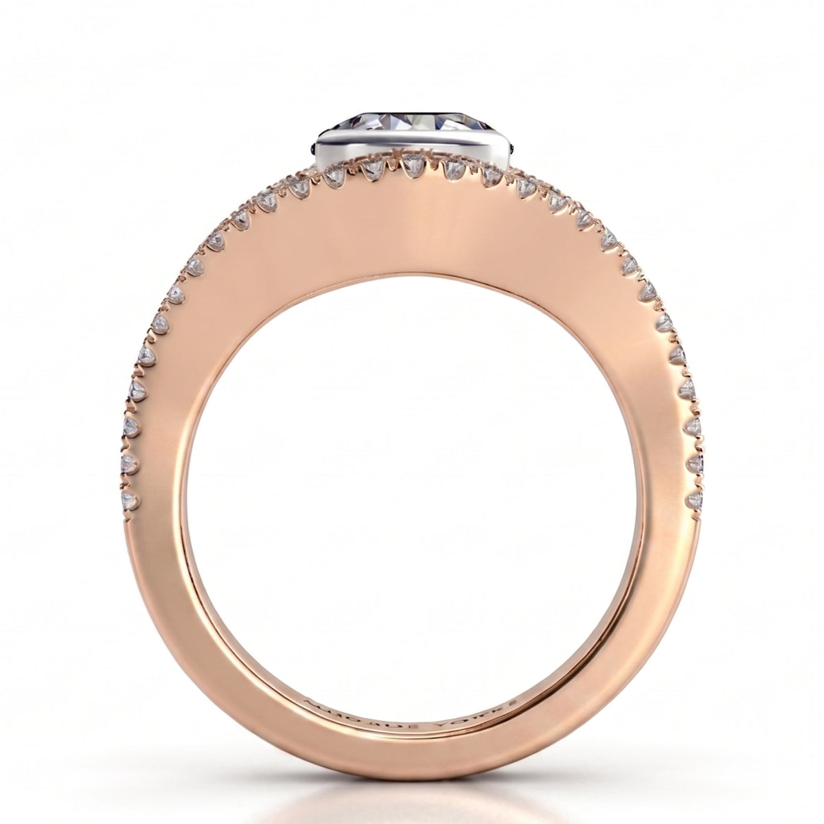 Capri rose gold halo engagement ring, top view showing the two diamond set bands arcing around the centre diamond to form an open halo.