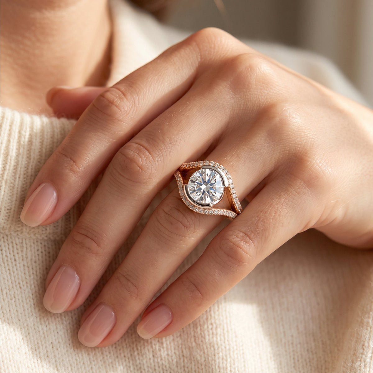 Capri rose gold engagement ring worn on the hand, round brilliant centre diamond held between two diamond set bands.