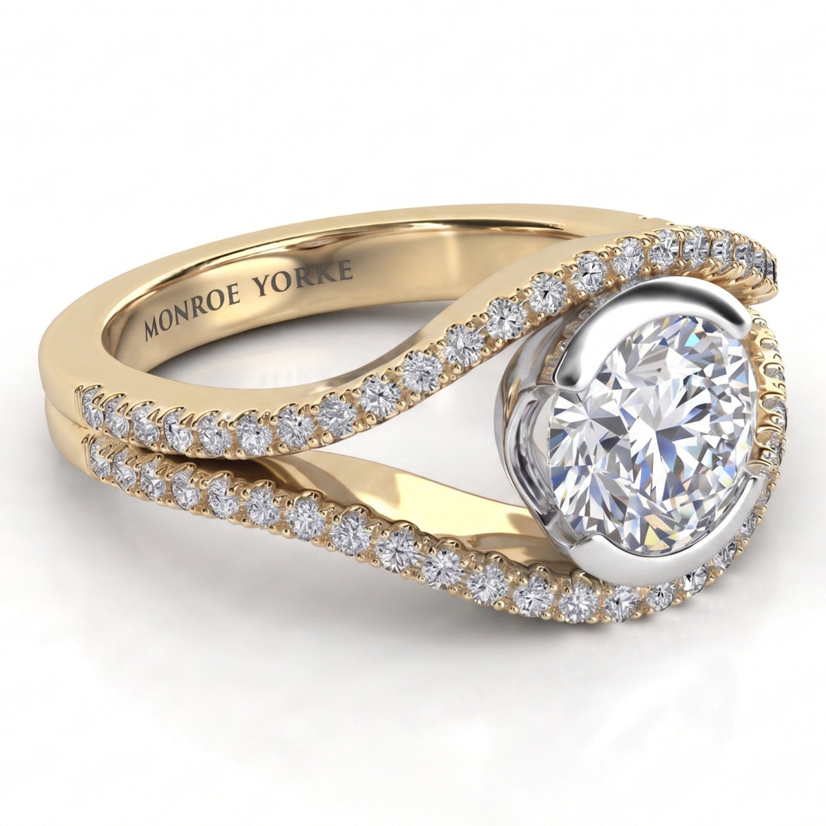 Capri yellow gold engagement ring, the two bands crossing past each other to cradle the round brilliant centre diamond.