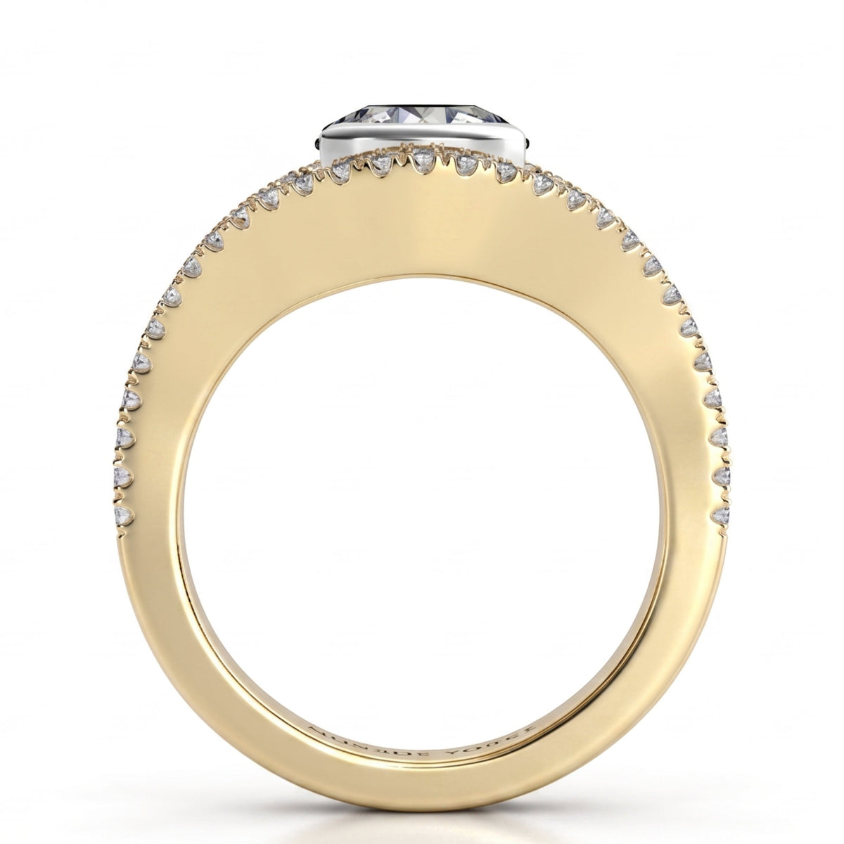 Capri yellow gold halo engagement ring, top view showing the two diamond set bands arcing around the centre diamond to form an open halo.