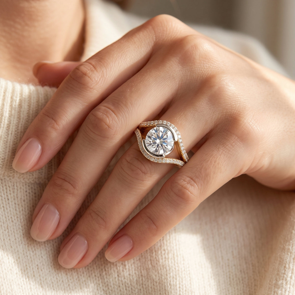 Capri yellow gold engagement ring worn on the hand, round brilliant centre diamond held between two diamond set bands.