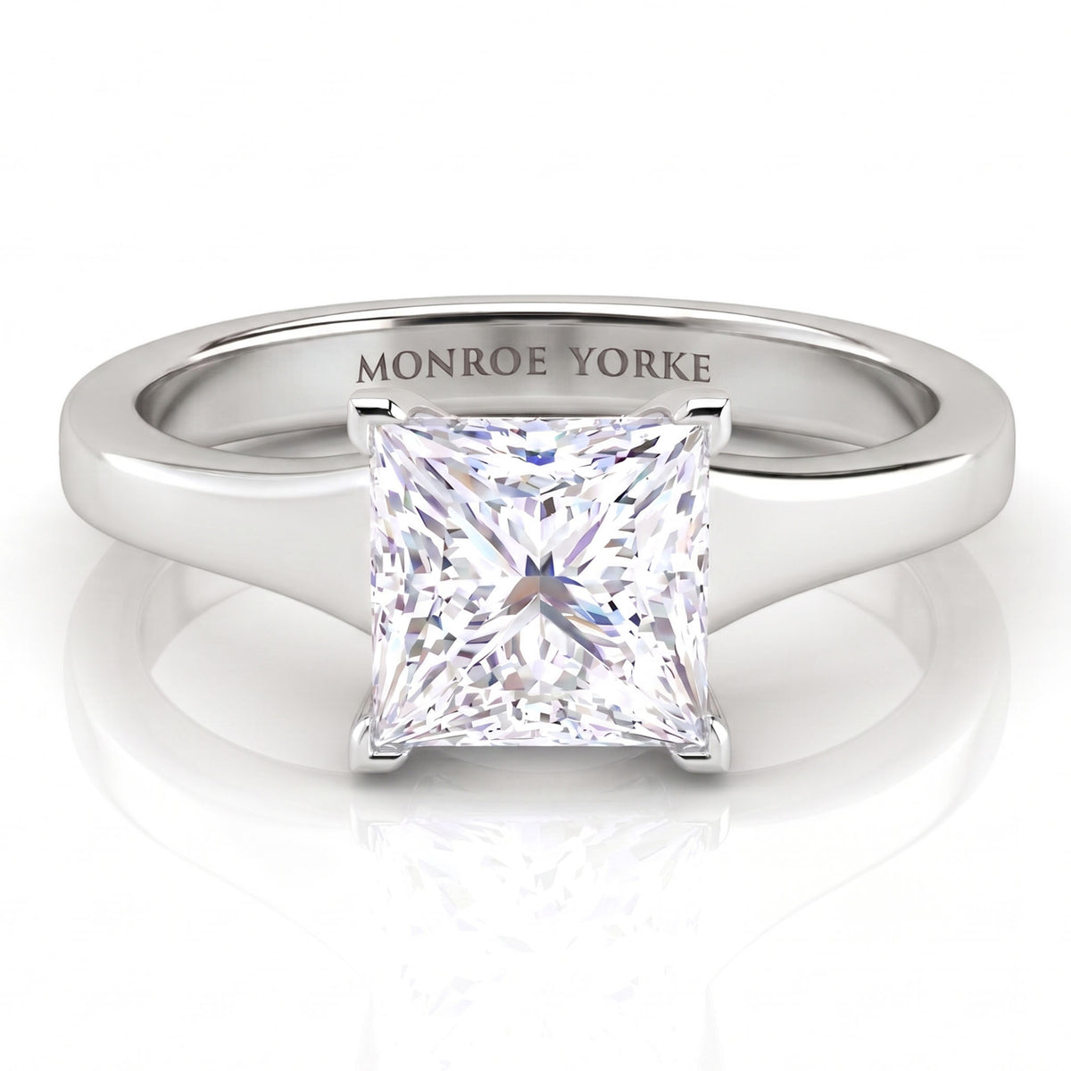 Chester top view. Princess cut solitaire diamond engagement ring. Centre GIA certified princess cut diamond in a V claw setting. white gold or platinum