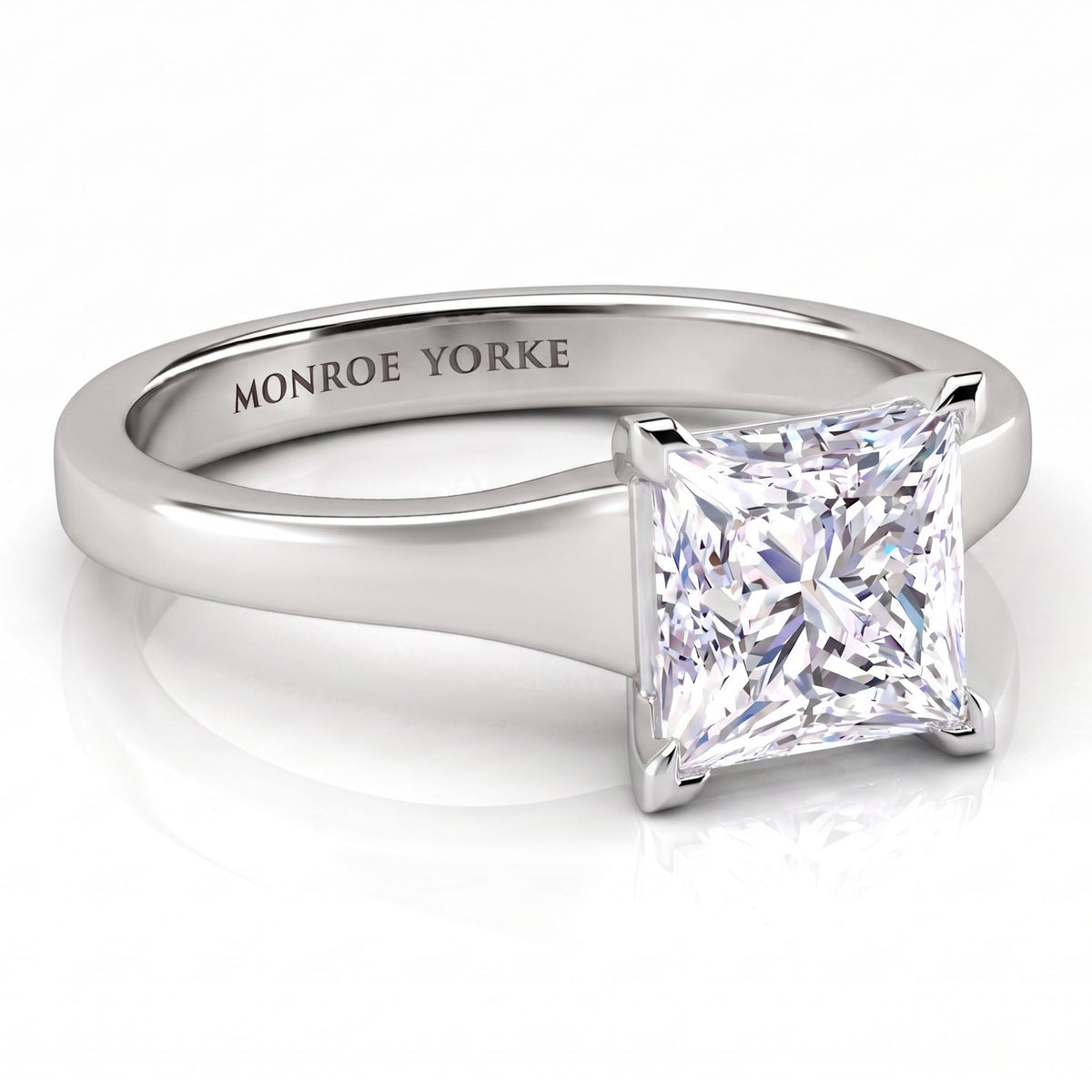 Chester side view. Princess cut solitaire diamond engagement ring. Centre GIA certified princess cut diamond in a V claw setting. white gold or platinum