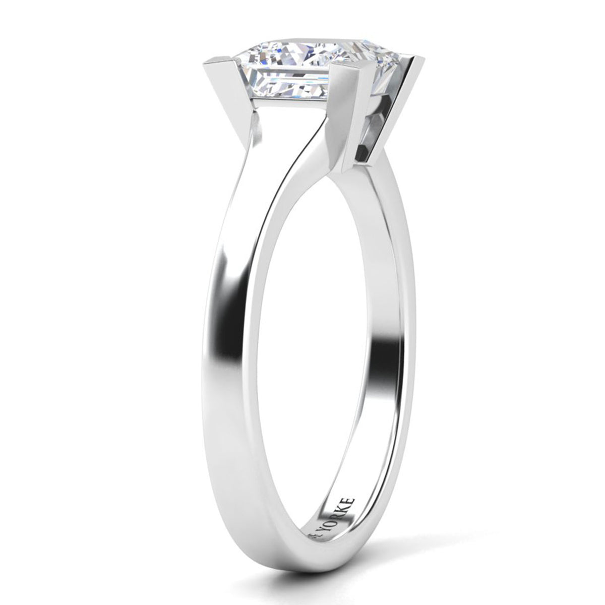 Chester princess cut solitaire ring side view showing tapered band. white gold or platinum