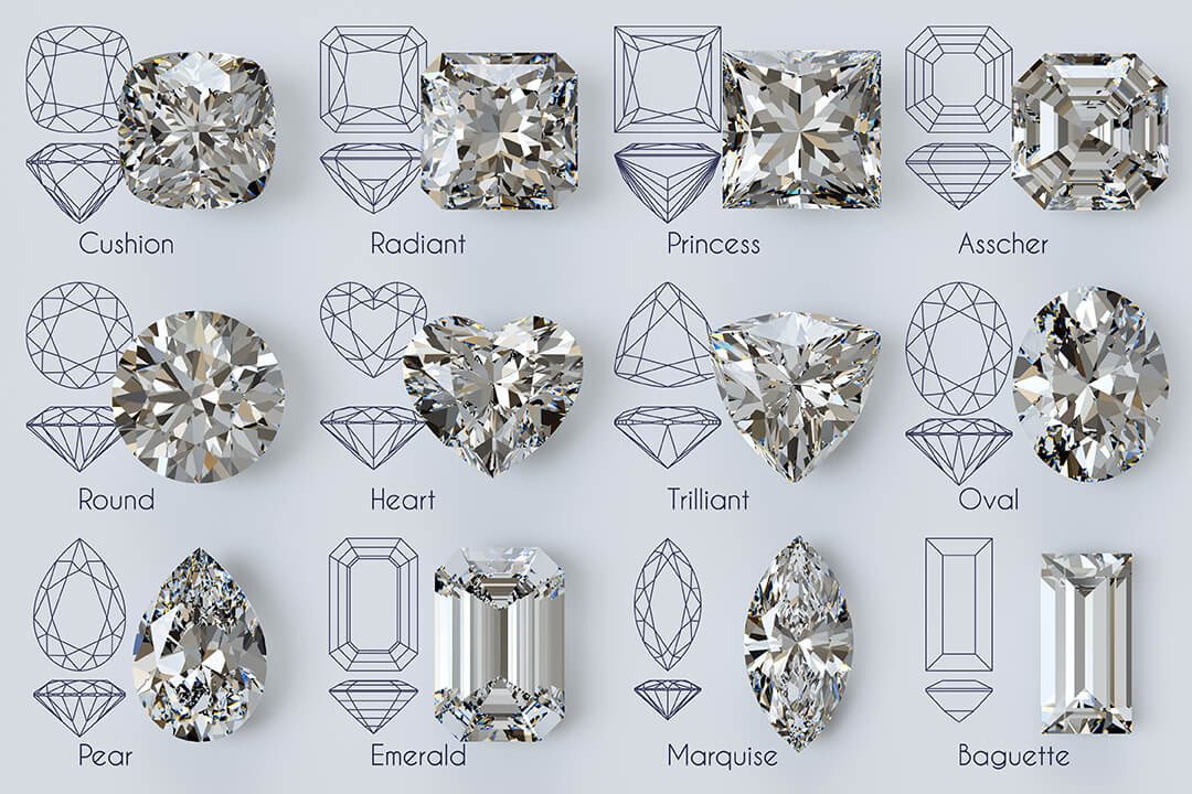 Diamond shapes compared. Actual diamonds shown. Round, princess, cushion, radiant, Asscher, heart. oval, pear, emerald, marquise, baguette