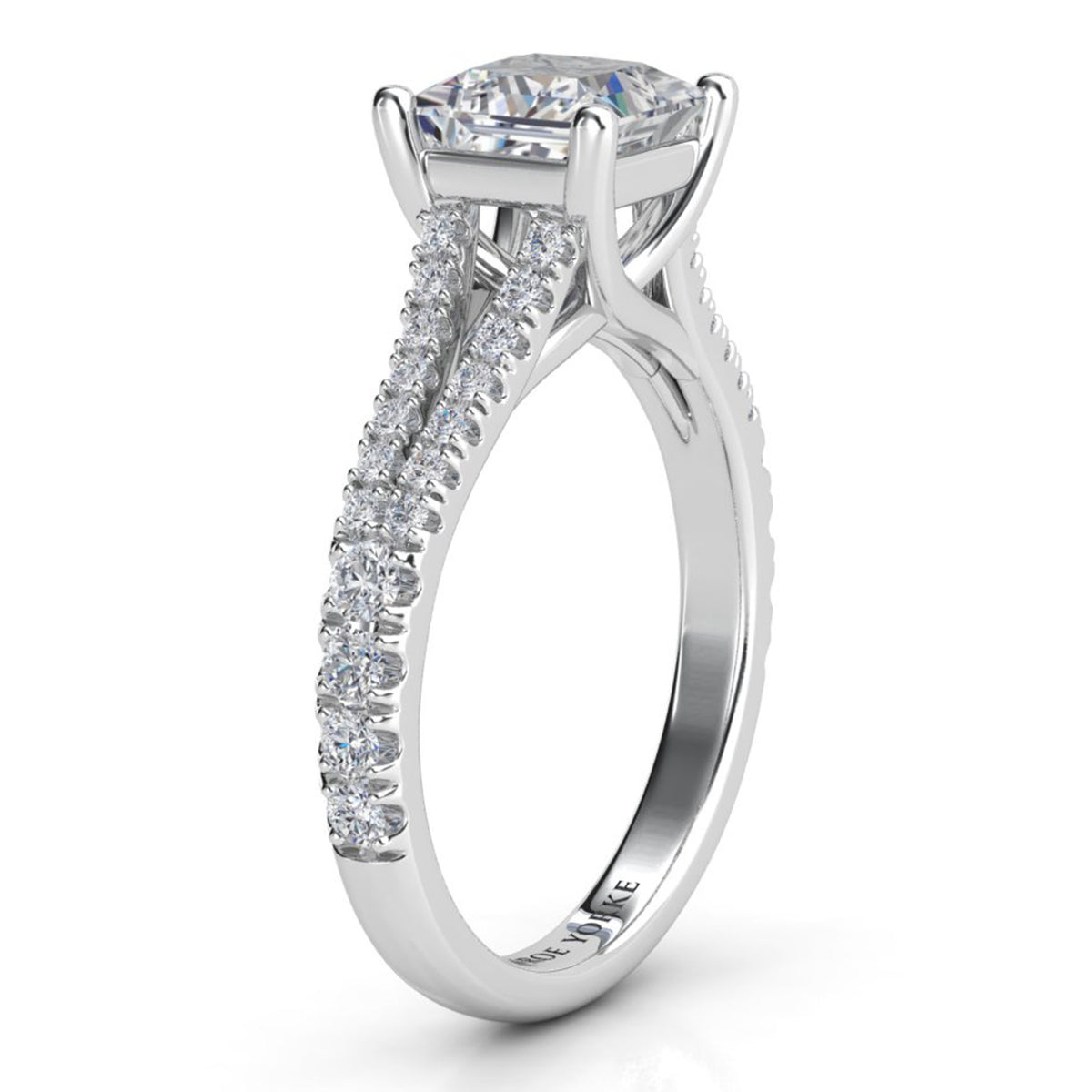 Gemma - GIA certified princess cut diamond ring. White gold or platinum. Side View showing split band and the stunning cross over centre setting