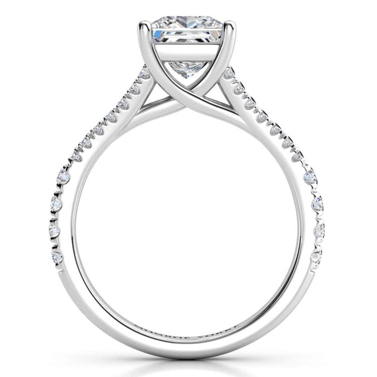 Gemma - GIA certified princess cut diamond engagement ring. White gold or platinum. Side View showing the unique and beautiful cross over centre setting