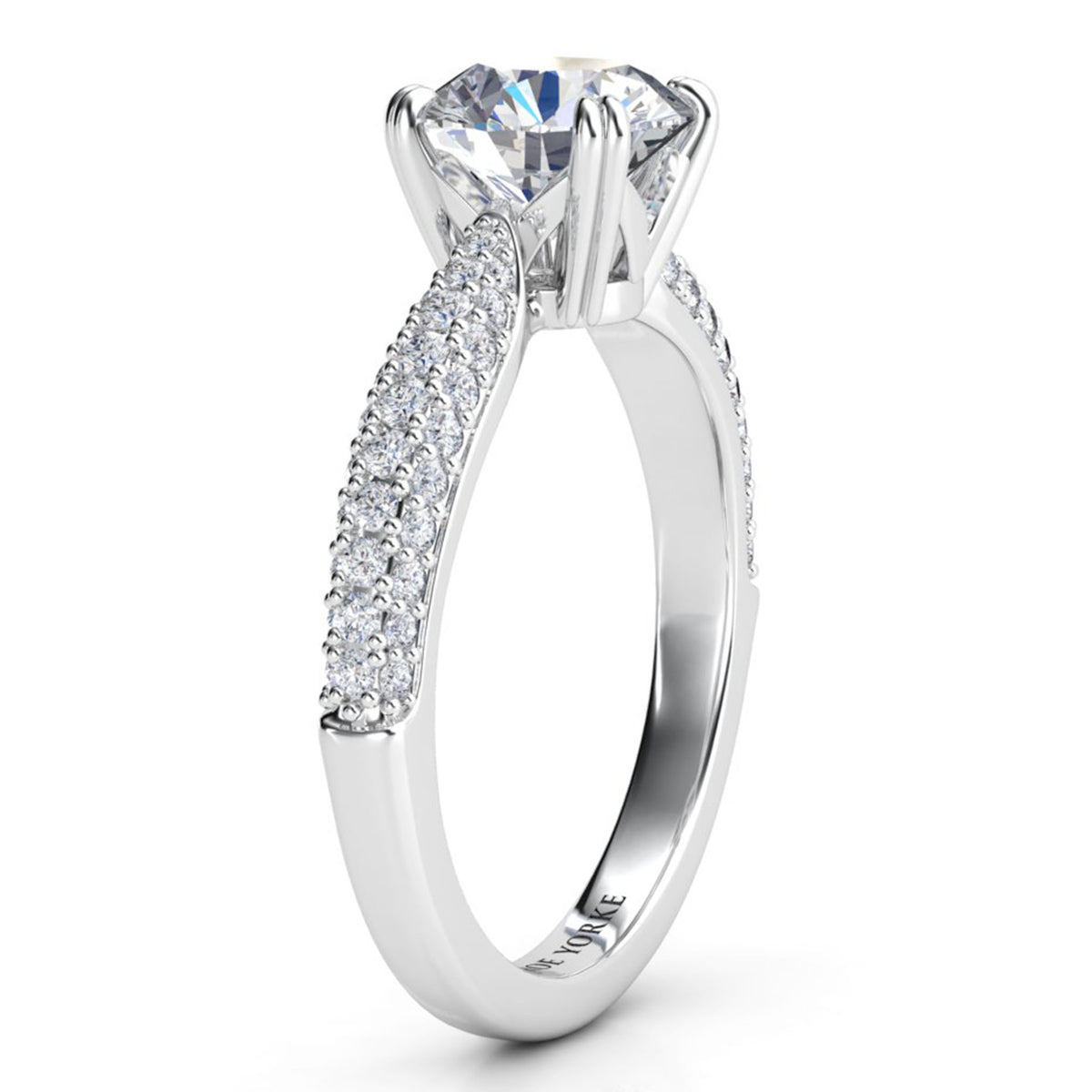 Harper - Diamond Engagement Ring - Side view showing the curved band of pave set diamonds. It has 3 rows of diamonds. White gold or platinum.