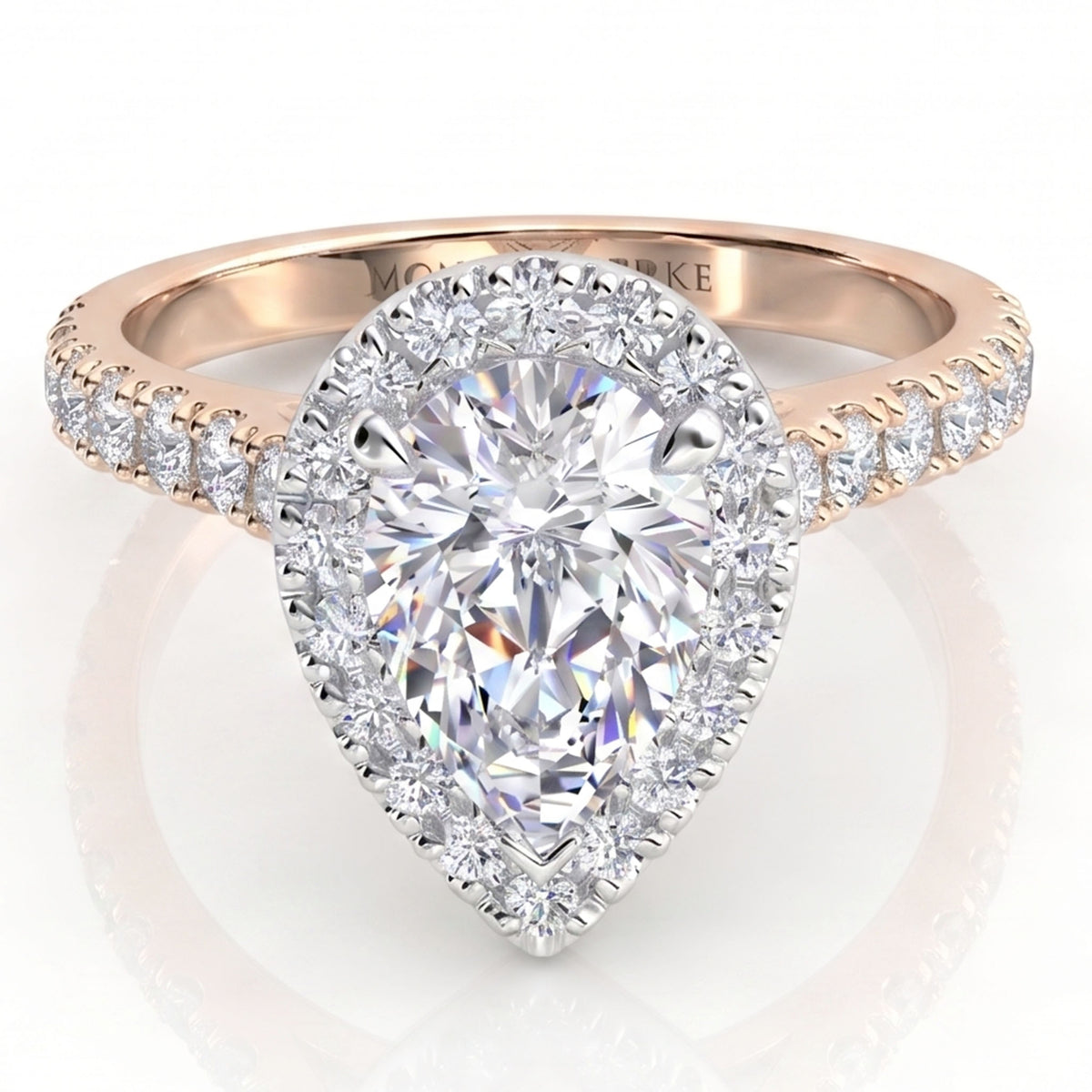 Iris - GIA certified pear-cut diamond halo ring in rose gold with diamond-set shoulders.