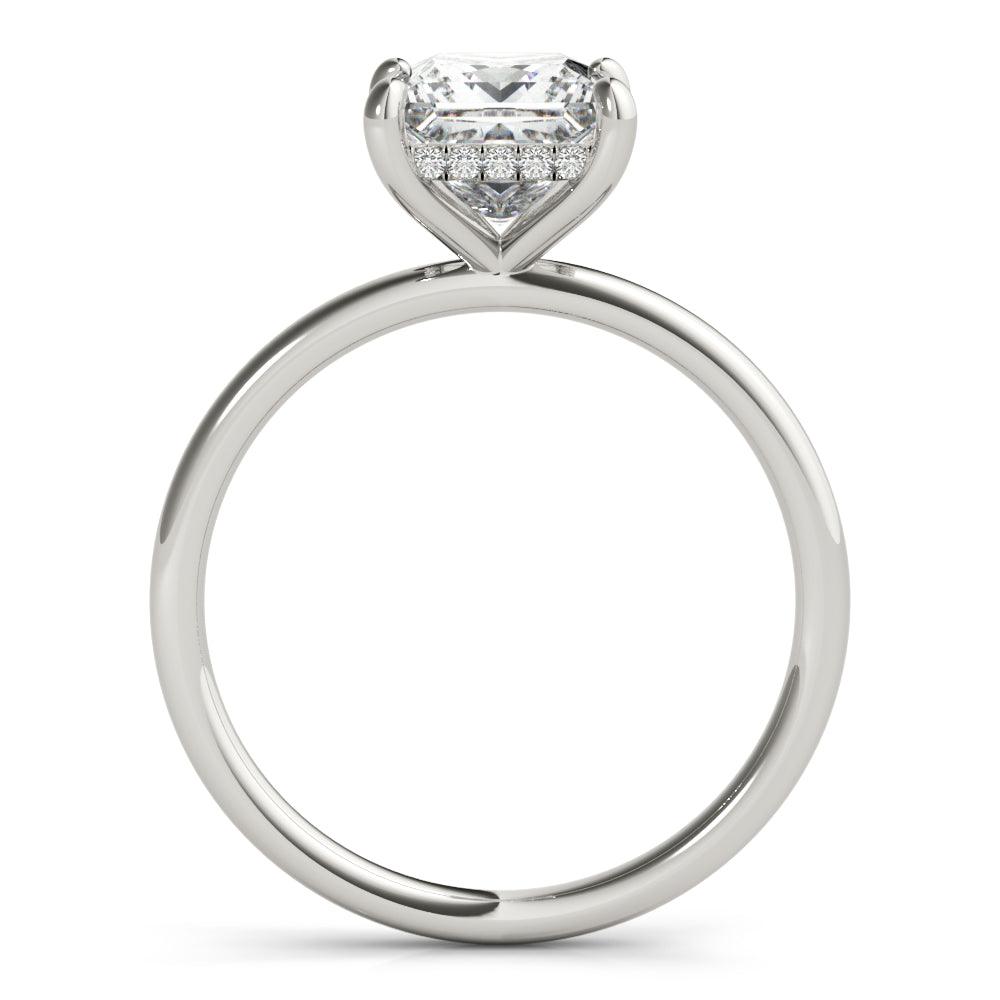 Jenna 3.0 carat princess cut lab grown diamond engagement ring with a hidden halo of diamonds. Plain band. Side view