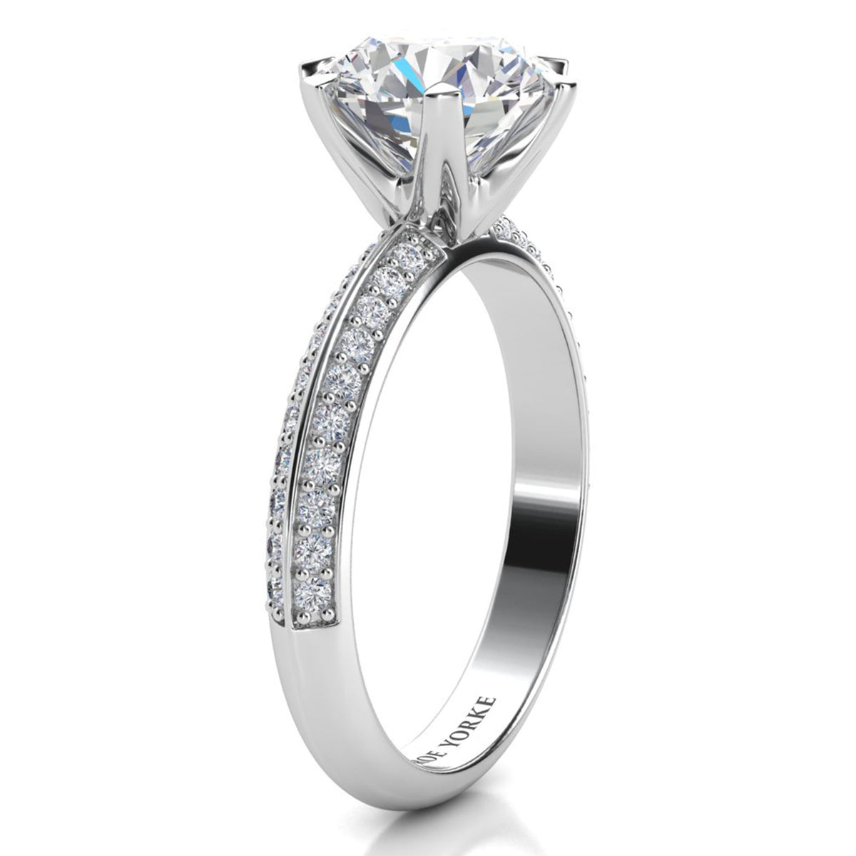 Juliet engagement ring in platinum or white gold. Second side view of the six claw centre setting.
