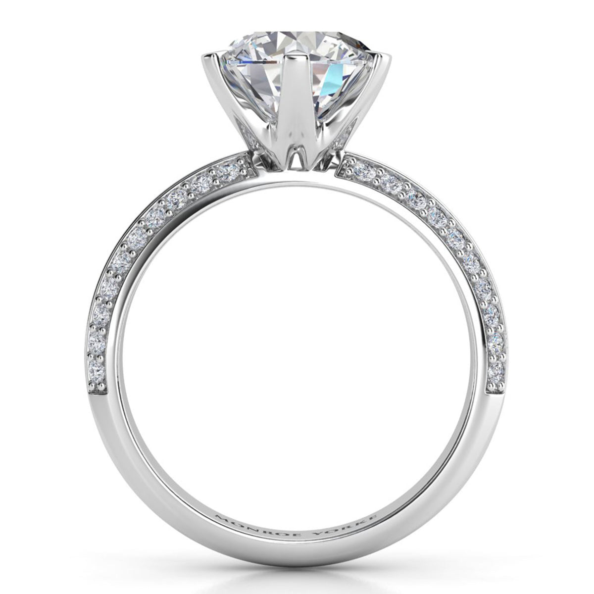 Juliet engagement ring in platinum or white gold. Close view of the six claw centre setting.