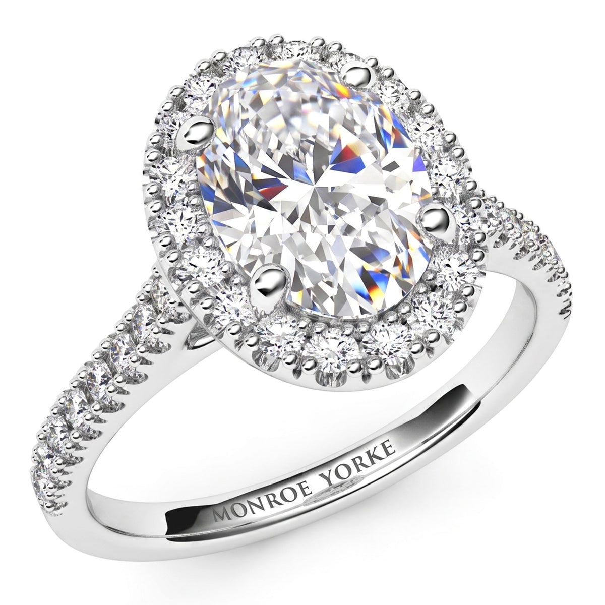 Oval Cut Diamond Ring with a Diamond Halo, created in white gold or platinum