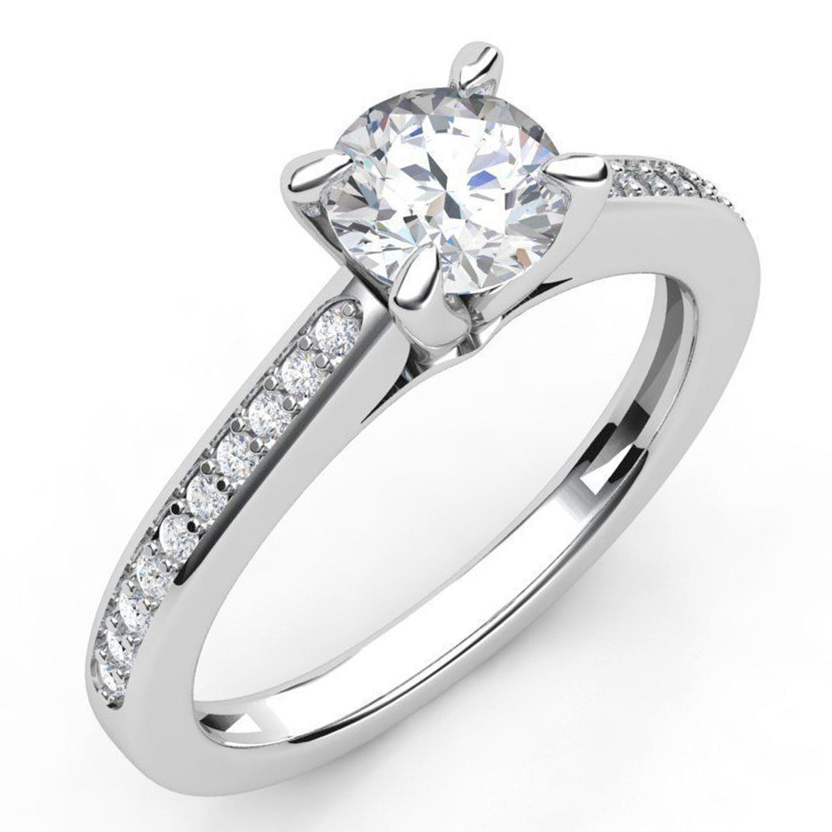May - 4 Claw round diamond engagement ring with diamonds on the band. white gold or platinum