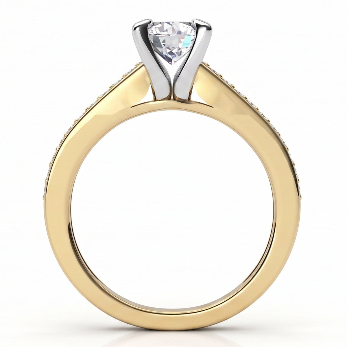 A yellow gold ring with a four-prong setting holding a round diamond, shown on a clean white background.