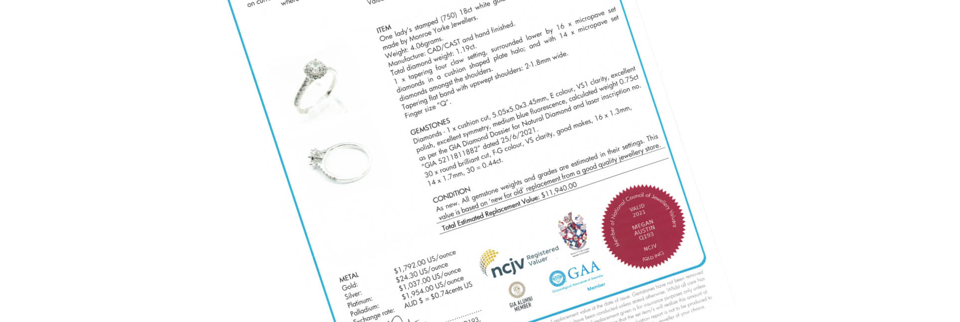 Independently certified and valued jewellery sold by Monroe Yorke Diamonds