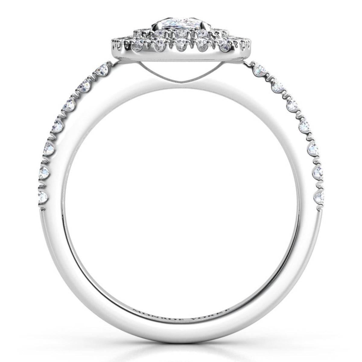 Norah cushion cut double halo engagement ring in white gold or platinum, straight profile showing the halo disk edge on and the diamond set shoulders.