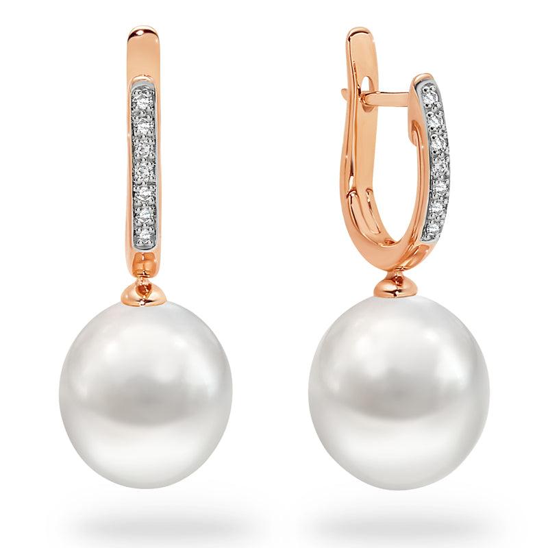 Ocean's Whisper - 10-11 mm White South Sea Pearl Drops with Diamond Huggies - Monroe Yorke Diamonds