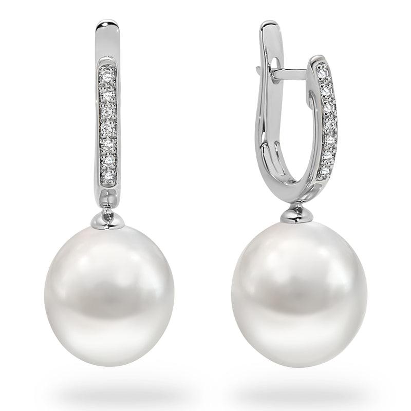 Ocean's Whisper - 10-11 mm White South Sea Pearl Drops with Diamond Huggies - Monroe Yorke Diamonds, view 1