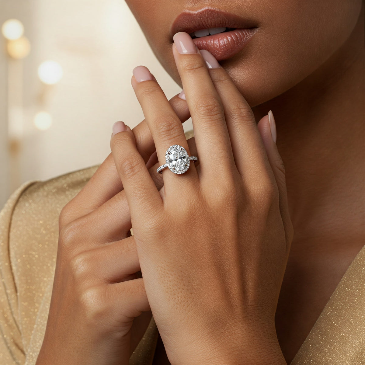 Laurel oval diamond halo ring shown on a girls hand — view 2