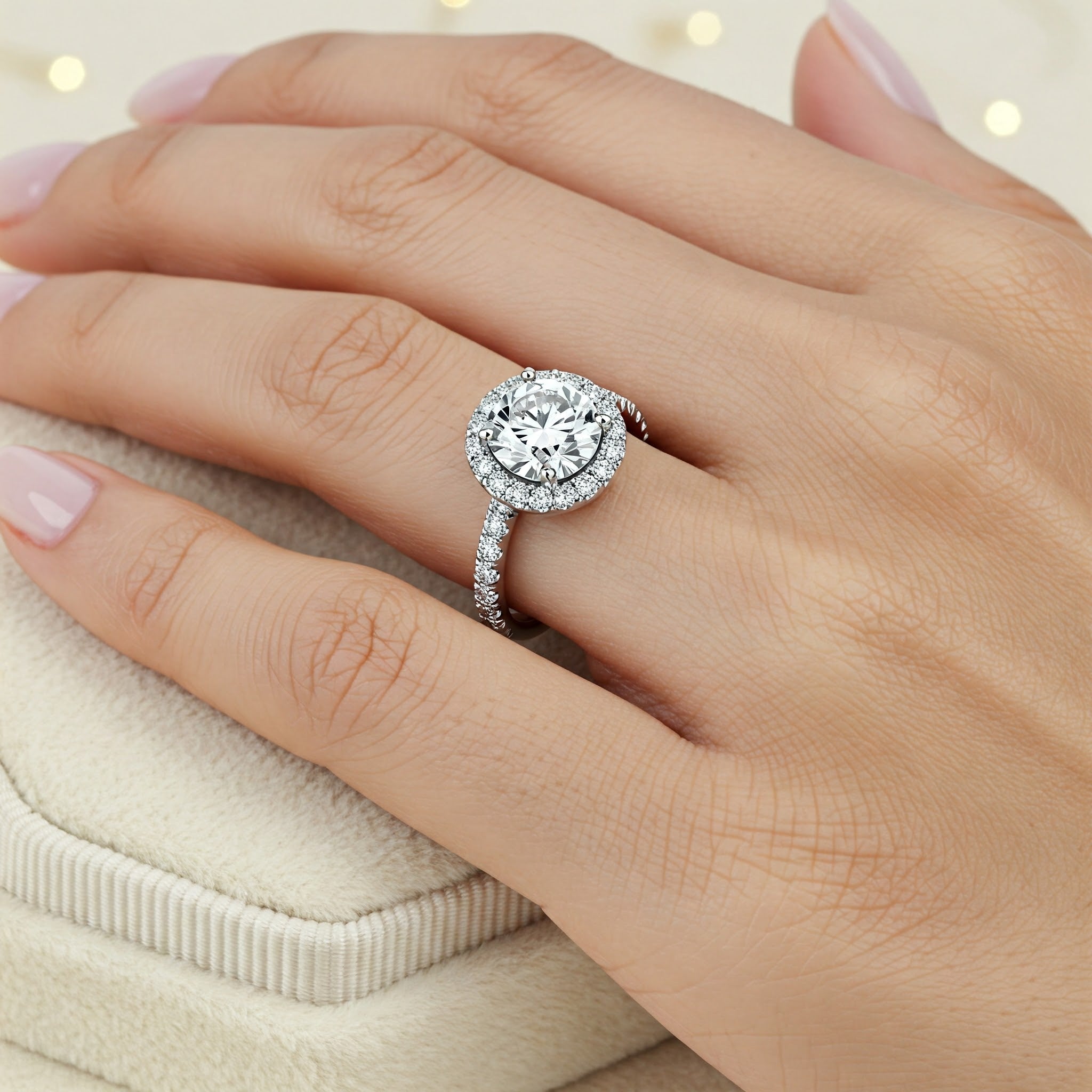Ariana - round brilliant cut diamond halo engagement ring with diamond on the band.  The halo enhanced the size and look of the centre round diamond.