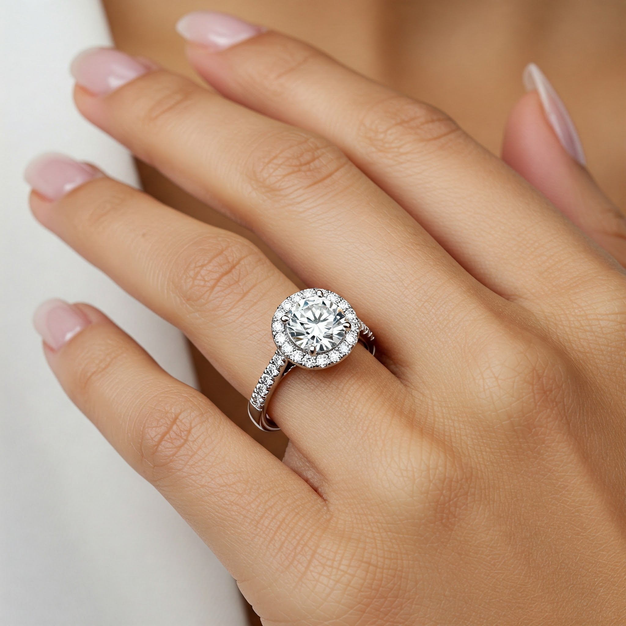 Ariana - round diamond halo engagement ring with diamonds on the band displayed on a hand.