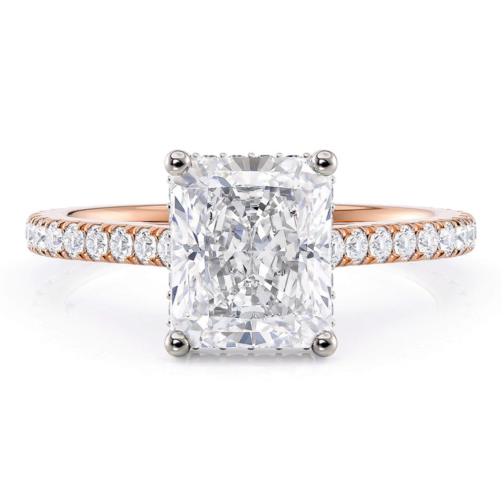 Seville Radiant Cut Diamond Engagement Ring with Hidden Halo – 18ct Rose Gold Romance