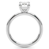 Skye emerald cut Diamodn solitaire ring, side view. Round band with a low centre setting