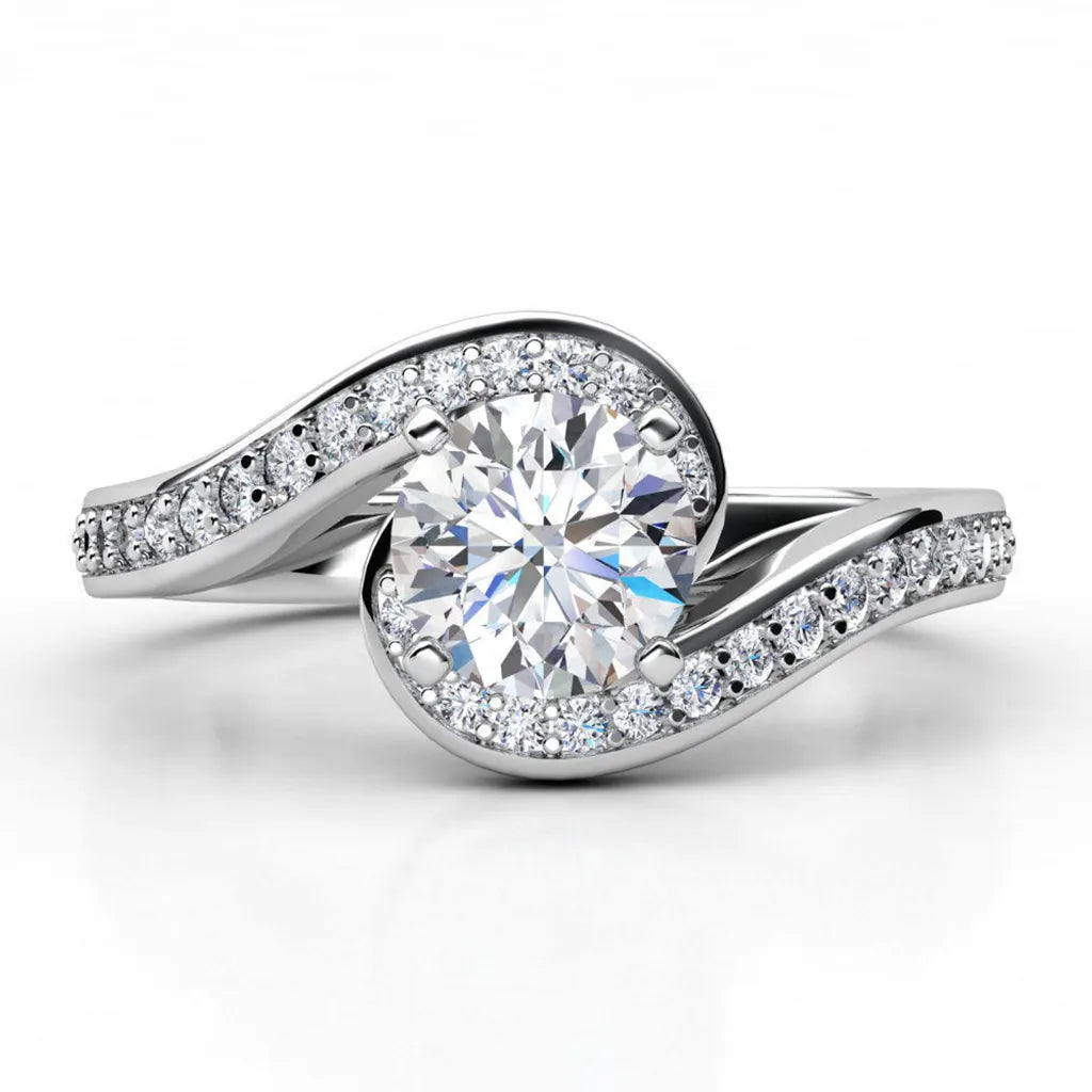Soleil - unique halo diamond engagement ring.  Centre GIA certified round diamond encircled by the diamond set band.  18ct white gold.