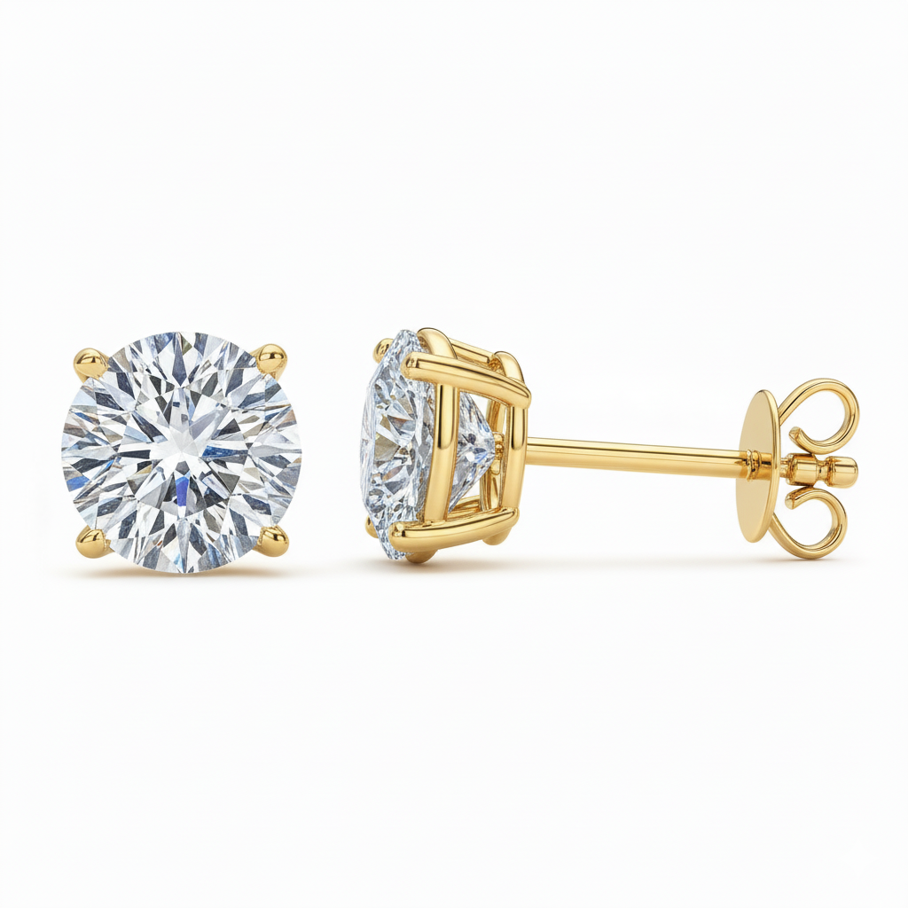 Gold Two Carat Lab Grown Diamond Ear Studs / Earrings. Total diamond weight 2.00 carats. 4 claw setting. 14ct yellow gold version.