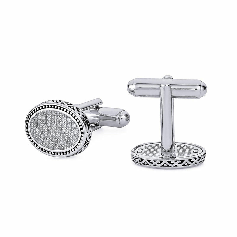 Mens Rhodium Plated Sterling Silver Cufflinks With Pave Set Cubic Zirconia — view 1