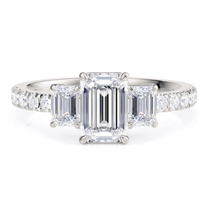 Aspen - Platinum Emerald Cut Diamond Trilogy Ring with Diamonds on the Band