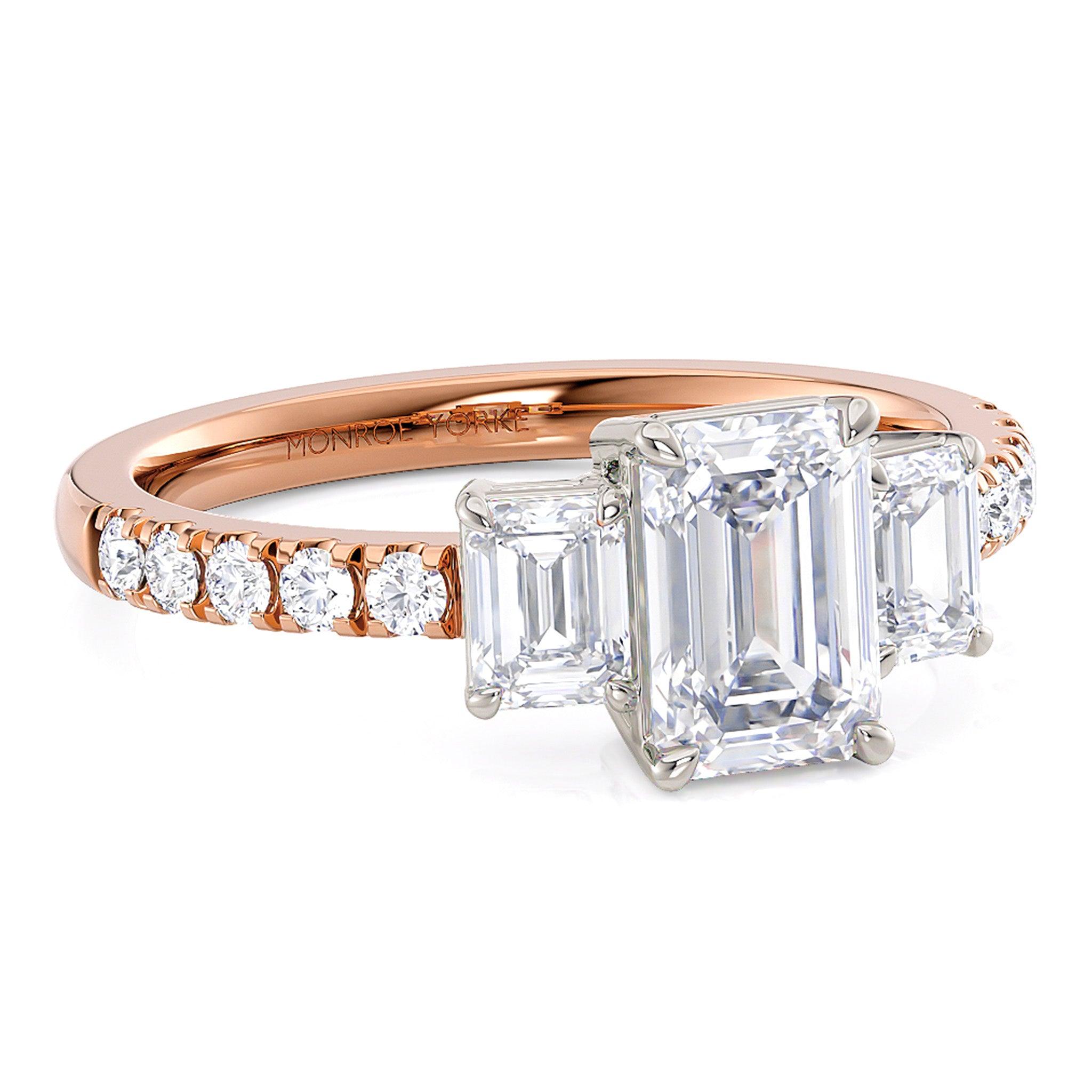 Aspen - Rose gold emerald cut diamond three stone ring. Emerald cut trilogy engagement ring.