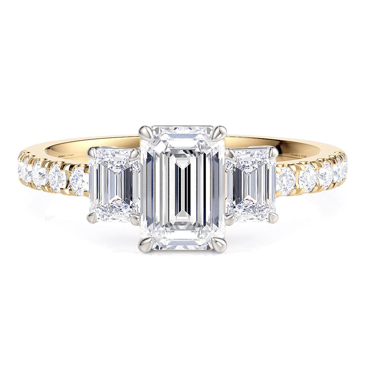 Aspen emerald cut diamond three stone ring with diamonds on the band. 18ct gold band and white gold centre setting — view 1