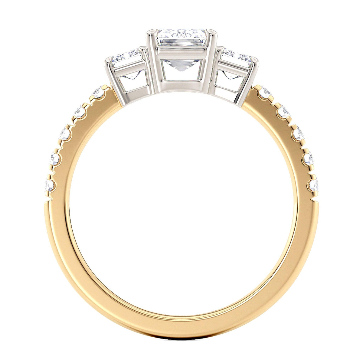 Emerald Cut Diamond Trilogy Ring in Gold with Diamonds on the Band - Monroe Yorke Diamonds — view 2