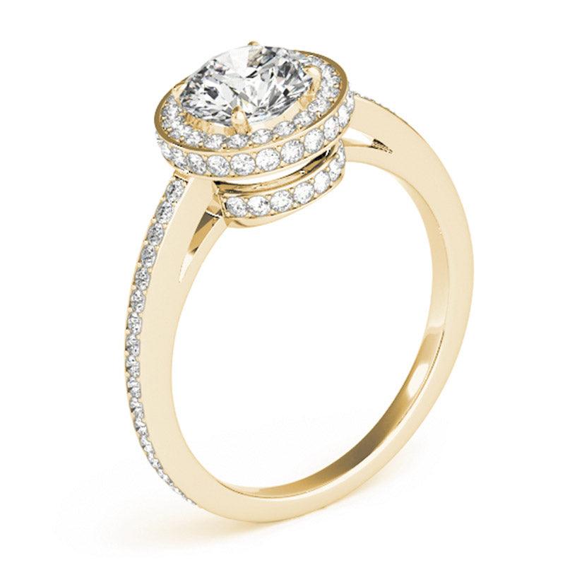 Unique halo diamond engagement ring in gold. Amelia. side view showing the two levels of halo diamonds