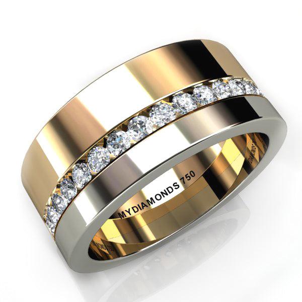 Aramis - Mens two tone diamond ring. diamonds set between band of white and yellow gold — view 1