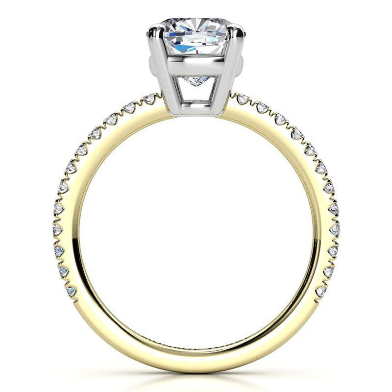 Blake cushion cut diamond ring with diamonds on the band. Side View.